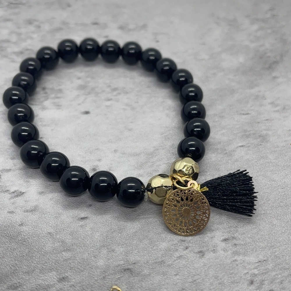 Boho Chic Black Marble Beaded Layering Bracelet Set - Picture 12 of 13
